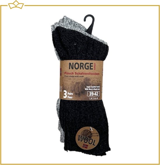 ATTREZZO® 3 paar Noorse Sokken - Wol - Nordic Socks - Grijs gemeleerd - maat 35-38