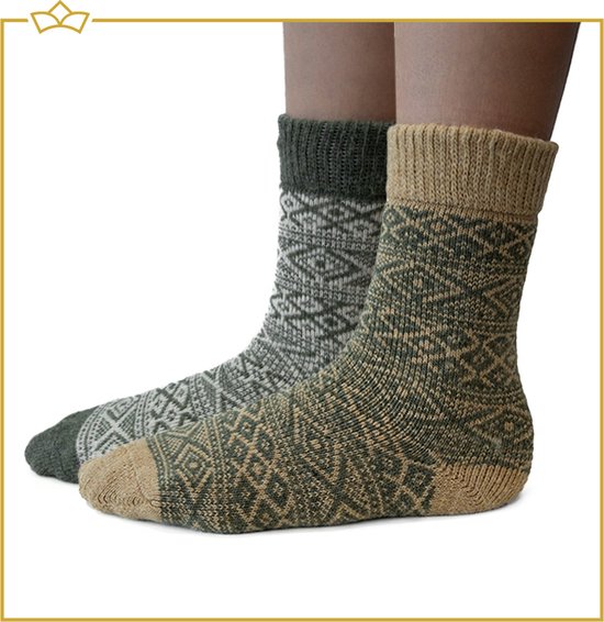 ATTREZZO® 2 paar Noorse Sokken met motief - Wol - Nordic Socks - Groen - maat 43-46
