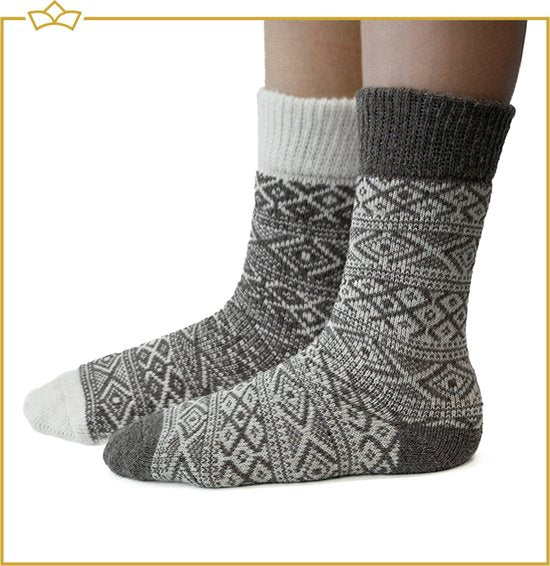 ATTREZZO® 2 paar Noorse Sokken met motief - Wol - Nordic Socks - Bruin - maat 39-42
