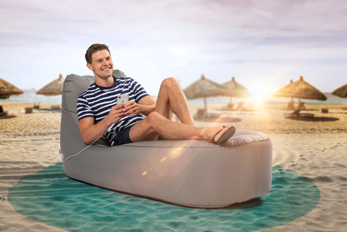 Mr. E-zy Lounger - Light Grey - Zelf opblaasbaar - Zitzak - Inclusief krachtige Powerbank & Draagzak